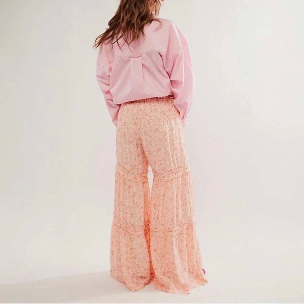 Free People Emmaline Tiered Wide Leg Pull On Pant Pink Size Small - Picture 3 of 10